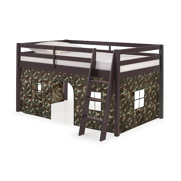 Alaterre Furniture Roxy Twin Wood Junior Loft Bed with Espresso with Green Camo Bottom Tent AJRX10P0ATCGN - main